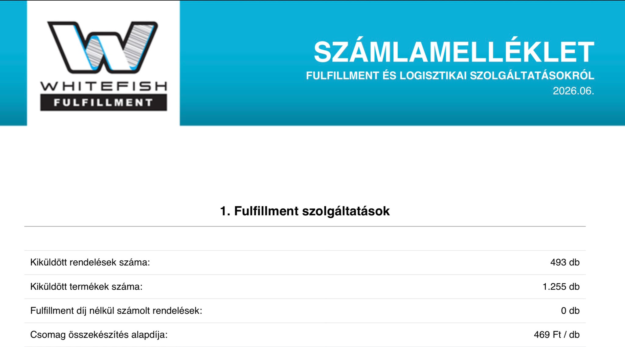 Számlamelléklet, fullfilment szolgáltatások részletezése